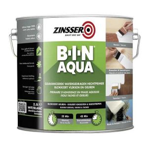 Zinsser B-I-N Aqua is a high-performance white-pigmented low-odour water-based, synthetic shellac-based knot block primer and sealer